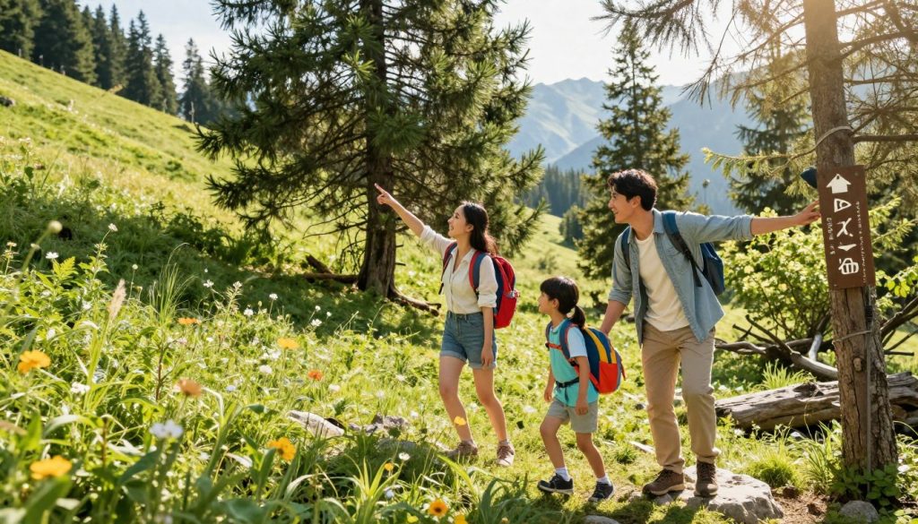 A cheerful family of four is hiking through a lush green forest, enjoying the fresh air and vibrant surroundings. In the foreground, the parents, dressed in comfortable hiking gear, assist their two children, a boy and a girl, both wearing colorful backpacks. The mother is pointing toward a fascinating trail marker, while the father helps the younger child navigate over a small rock. In the middle ground, tall pine trees and wildflowers create a lively scene, with sunlight filtering through the leaves, casting playful shadows. The background features a gentle slope leading to distant, misty mountains, enhancing the sense of adventure. The atmosphere is joyful and energetic, capturing the spirit of outdoor fun and family bonding. The lighting is bright and warm, suggesting a sunny day, with a slightly elevated camera angle for a dynamic perspective.