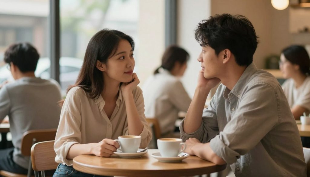 A cozy café scene illustrating active listening in a relationship. In the foreground, a couple sits at a small table, leaning slightly towards each other. The woman, wearing a modest, stylish blouse, maintains eye contact with the man, who is in a casual button-up shirt. Their expressions are attentive and empathetic, conveying emotional connection. In the middle ground, soft light filters through large windows, creating a warm, inviting atmosphere. A subtle glow reflects off the coffee cups on the table, enhancing the intimate setting. In the background, blurred figures of other patrons in casual attire add depth without distraction. The overall mood is supportive and engaging, emphasizing the importance of communication in strengthening emotional wellness. The image should evoke a sense of closeness and understanding, captured with a slightly soft focus for a gentle, heartfelt effect.