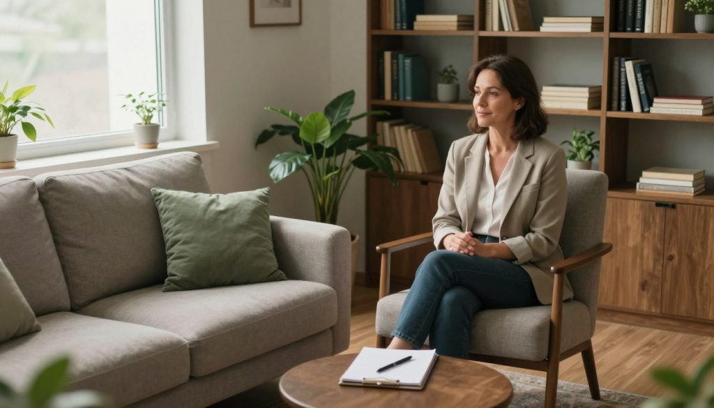 A cozy therapy room, softly lit with warm, natural light coming through a window. In the foreground, a comfortable couch with plush pillows is inviting, and a small coffee table with a notepad and pen rests beside it. In the middle, a professional therapist, a middle-aged woman in smart casual attire, is seated in an elegant armchair, attentively listening. She has a calm, reassuring expression. In the background, bookshelves filled with psychology books and plants create a serene atmosphere. A tranquil, soothing color palette includes muted greens and browns. The angle is slightly from above, offering a sense of warmth and safety, evoking feelings of support and comfort, perfect for someone preparing for their first therapy session. A cozy therapy room, softly lit with warm, natural light coming through a window. In the foreground, a comfortable couch with plush pillows is inviting, and a small coffee table with a notepad and pen rests beside it. In the middle, a professional therapist, a middle-aged woman in smart casual attire, is seated in an elegant armchair, attentively listening. She has a calm, reassuring expression. In the background, bookshelves filled with psychology books and plants create a serene atmosphere. A tranquil, soothing color palette includes muted greens and browns. The angle is slightly from above, offering a sense of warmth and safety, evoking feelings of support and comfort, perfect for someone preparing for their first therapy session.