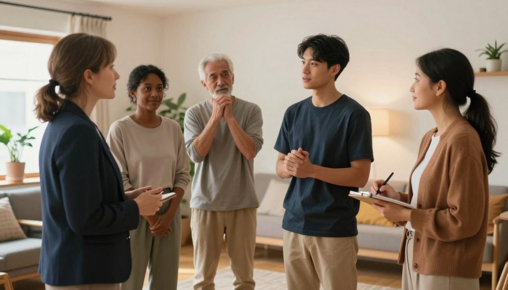 A diverse group of five individuals, representing various backgrounds and ages, standing in a cozy, well-lit community center. In the foreground, a middle-aged woman in professional attire is sharing her experience with a young man in casual, modest clothing, who looks engaged and supportive. Beside them, an older gentleman nods approvingly, while a young woman in a smart outfit takes notes. In the background, a warm, inviting room with soft lighting, plants, and comfortable seating creates a welcoming atmosphere. The overall mood is one of camaraderie and encouragement, emphasizing collaboration and emotional support within a wellness network. The composition captures a sense of connection and empowerment, highlighting the importance of community in wellness.