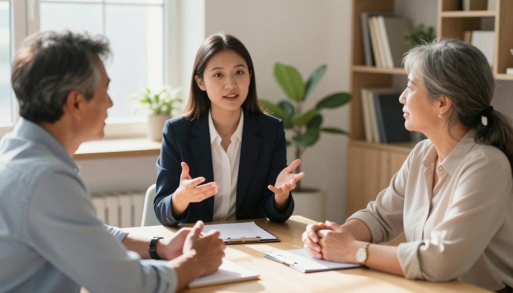 A diverse group of three people engaged in a discussion around a table, each demonstrating healthy communication habits. In the foreground, a middle-aged man in a smart-casual shirt is actively listening, nodding with understanding. In the middle ground, a young woman in professional attire speaks confidently, her gestures open and inviting. Beside her, an older woman in a blouse provides supportive feedback, embodying empathy. Soft natural light streams in from a window, creating a warm and inviting atmosphere. The background features a cozy office setting with plants and bookshelves, fostering a sense of comfort and collaboration. The overall mood is positive and constructive, emphasizing the importance of connection and understanding in communication.
