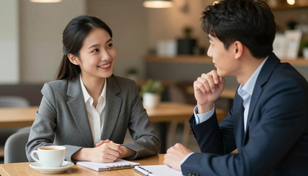 A serene and professional setting illustrating active listening techniques, featuring two individuals engaged in a conversation. In the foreground, a woman and a man, both dressed in smart business attire, are sitting at a comfortable café table, leaning slightly forward to convey attentiveness. The woman, with an encouraging smile, demonstrates active listening by maintaining eye contact and nodding slightly, while the man thoughtfully gestures, emphasizing his point. In the middle ground, there are subtle details like a coffee cup and a notepad with notes, symbolizing engagement. The background includes softly blurred elements of a cozy café, with warm lighting creating an inviting atmosphere. The overall mood is focused and positive, promoting effective communication and connection through active listening techniques.