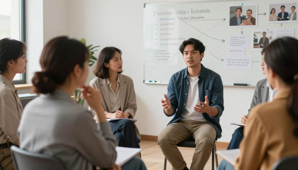 A serene office environment, where a diverse group of professionals engage in a collaborative empathy workshop. In the foreground, a middle-aged woman in a smart blazer listens attentively, her hand resting thoughtfully on her chin. In the middle ground, a younger man in casual attire shares a story, his hands animated as he speaks, surrounded by colleagues nodding in support. Soft lighting enhances the warm atmosphere, highlighting their expressions of understanding and connection. The background features a whiteboard filled with emotional connection prompts and supportive images, creating a focal point for discussion. The overall mood is one of openness, trust, and mutual respect, fostering stronger bonds through shared experiences.