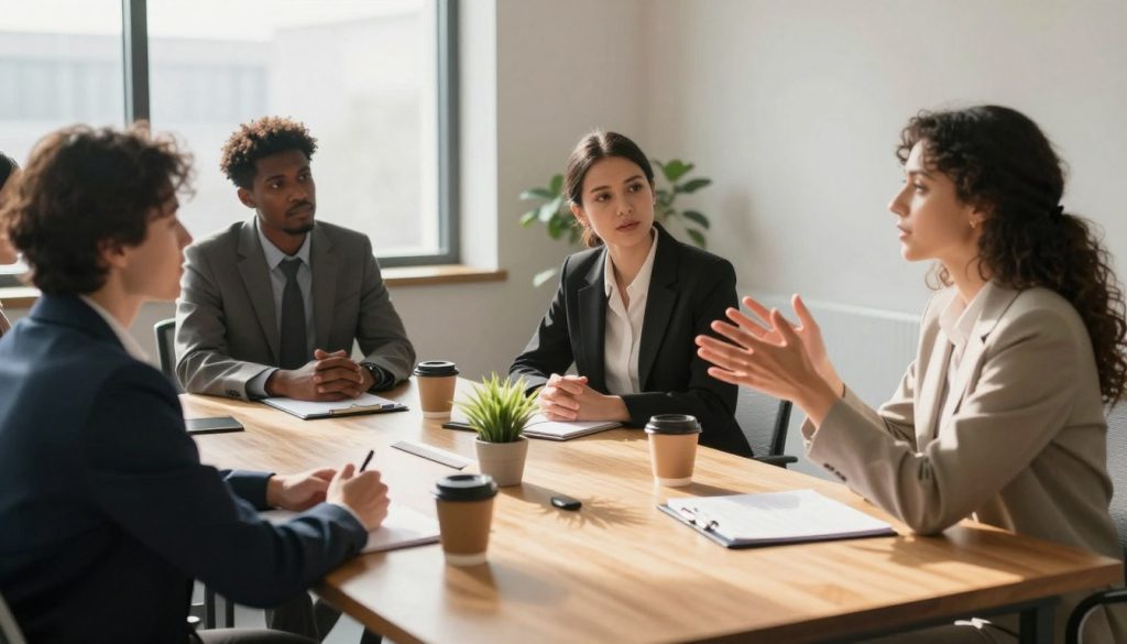 A serene office space where a diverse group of professionals in business attire engage in a constructive meeting about boundary-setting. In the foreground, a confident woman is explaining a point, using hand gestures to emphasize her message, while two attentive colleagues nod in agreement, demonstrating active listening. In the middle ground, a conference table is filled with notepads, coffee cups, and a small potted plant, symbolizing growth and healthy practices. The background features a large window allowing natural light to fill the room, casting soft shadows and enhancing the warm atmosphere. The overall mood is calm and collaborative, promoting emotional wellness and understanding in relationships, with a focus on clear communication and mutual respect.