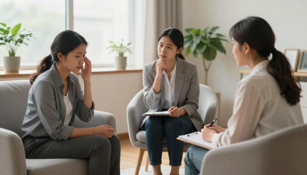 A serene therapy room featuring a comfortable couch and a modern armchair set in a softly lit space. In the foreground, two diverse individuals, a man and a woman, are engaged in a heartfelt conversation, expressing emotions visibly through their facial expressions and body language. They are dressed in professional business attire, conveying a sense of professionalism and trust. In the middle, a therapist, calmly observing, takes notes with a thoughtful expression, demonstrating the supportive role in Emotional Focused Therapy. In the background, a large window lets in gentle, diffused natural light, surrounded by potted plants that enhance the soothing atmosphere. The overall mood evokes warmth, compassion, and support, illustrating the essence of evaluating therapy approaches for individual needs. A serene therapy room featuring a comfortable couch and a modern armchair set in a softly lit space. In the foreground, two diverse individuals, a man and a woman, are engaged in a heartfelt conversation, expressing emotions visibly through their facial expressions and body language. They are dressed in professional business attire, conveying a sense of professionalism and trust. In the middle, a therapist, calmly observing, takes notes with a thoughtful expression, demonstrating the supportive role in Emotional Focused Therapy. In the background, a large window lets in gentle, diffused natural light, surrounded by potted plants that enhance the soothing atmosphere. The overall mood evokes warmth, compassion, and support, illustrating the essence of evaluating therapy approaches for individual needs.