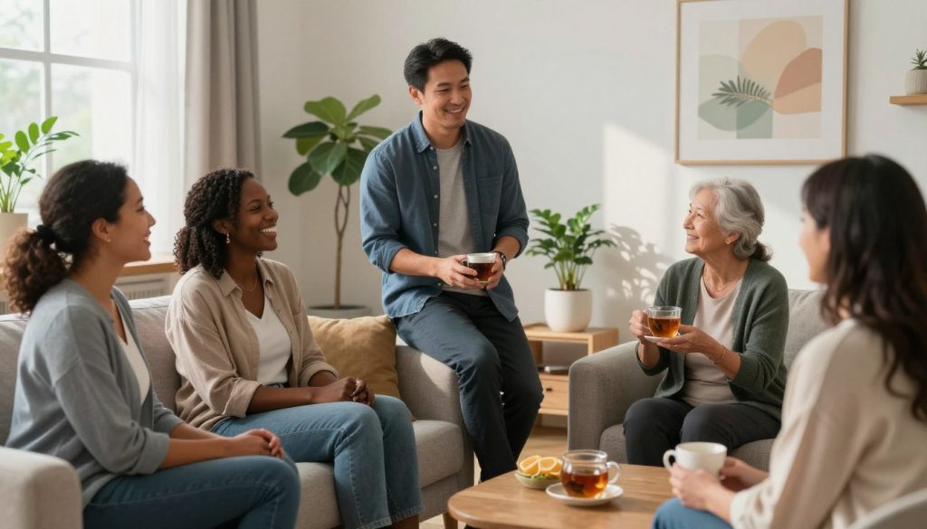 A serene wellness support network scene that captures a diverse group of individuals engaged in conversation and support. In the foreground, two women, one Black and one Hispanic, share a laugh while sitting on a comfortable couch, dressed in professional casual clothing. In the middle ground, a man of Asian descent stands, actively listening with a warm expression, while an older woman, appearing Caucasian, offers a cup of herbal tea to another participant seated nearby. The background features a softly lit room adorned with plants, comfortable furniture, and calming artwork, evoking a sense of tranquility. Natural light filters through the window, casting gentle shadows. The atmosphere is inviting and collaborative, embodying the essence of community and support in building a wellness network.