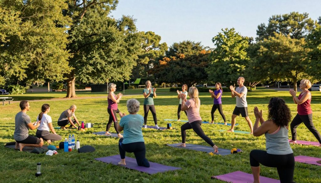A vibrant community wellness program scene unfolds in a sunny park. In the foreground, a diverse group of individuals in modest casual clothing engages in a lively outdoor yoga class, showing a range of ages and backgrounds. To the left, a couple of participants are setting up exercise mats and water stations, showcasing teamwork and preparation. In the middle ground, a fitness instructor guides the group, radiating positivity and encouragement, while clapping hands and smiling faces reflect community spirit. The background features lush green trees and a clear blue sky, enhancing the atmosphere of health and vitality. The lighting is warm and inviting, with sun rays creating a golden glow. The angle captures an inclusive and dynamic environment, inspiring viewers to embrace wellness together.