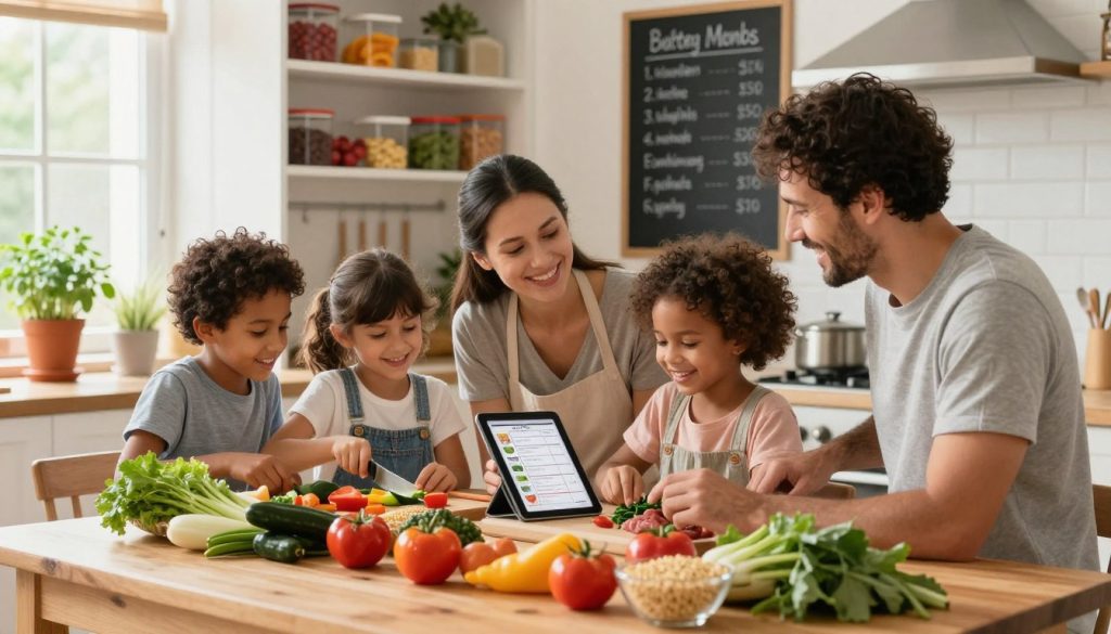 A vibrant kitchen scene depicting a family engaged in healthy meal planning. In the foreground, a diverse family of four, dressed in casual but modest clothing, is gathered around a wooden kitchen table filled with fresh ingredients: colorful vegetables, whole grains, and lean proteins. The parents are consulting a meal planning chart on a tablet, while their children joyfully assist by chopping vegetables. In the middle ground, a well-organized pantry with labeled containers and a chalkboard menu on the wall emphasizing balanced nutrition strategies. The background features warm, natural lighting through a window, highlighting potted herbs on the windowsill. The atmosphere is friendly and energetic, encouraging a sense of teamwork and positivity around healthy lifestyle choices.
