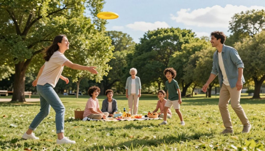 A vibrant outdoor scene capturing a diverse family engaging in various physical activities in a sunny park. In the foreground, a mother and father are playing frisbee with their two children, all smiling and dressed in comfortable, modest casual clothing. The middle ground features a picnic setup with healthy snacks, where a grandmother is laughing, creating a warm, inviting atmosphere. In the background, lush green trees and a bright blue sky add depth and tranquility. The lighting is bright and warm, suggesting a late afternoon, enhancing the joyful mood. The angle showcases a dynamic view, emphasizing movement and togetherness, reflecting a harmonious balance of physical activity and mental well-being.
