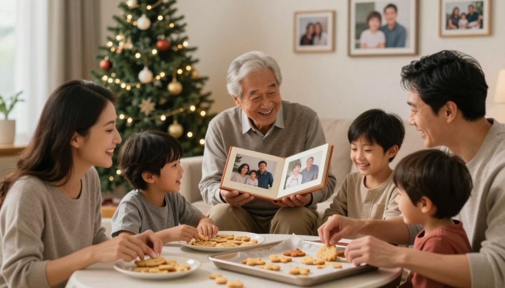 A warm family scene depicting a multi-generational gathering in a cozy living room. In the foreground, a smiling mother and father with their children, all dressed in comfortable, modest clothing, engage in a fun activity like baking cookies. In the middle, a grandparent joins in, sharing wisdom and laughter, holding a photo album that showcases family traditions. The background features a decorated holiday tree, twinkling lights, and family photographs on the walls, radiating love and connection. Soft, ambient lighting creates an inviting atmosphere, while a shallow depth of field focuses on their joyful expressions, capturing the essence of strong family bonds and cherished traditions. A warm family scene depicting a multi-generational gathering in a cozy living room. In the foreground, a smiling mother and father with their children, all dressed in comfortable, modest clothing, engage in a fun activity like baking cookies. In the middle, a grandparent joins in, sharing wisdom and laughter, holding a photo album that showcases family traditions. The background features a decorated holiday tree, twinkling lights, and family photographs on the walls, radiating love and connection. Soft, ambient lighting creates an inviting atmosphere, while a shallow depth of field focuses on their joyful expressions, capturing the essence of strong family bonds and cherished traditions.
