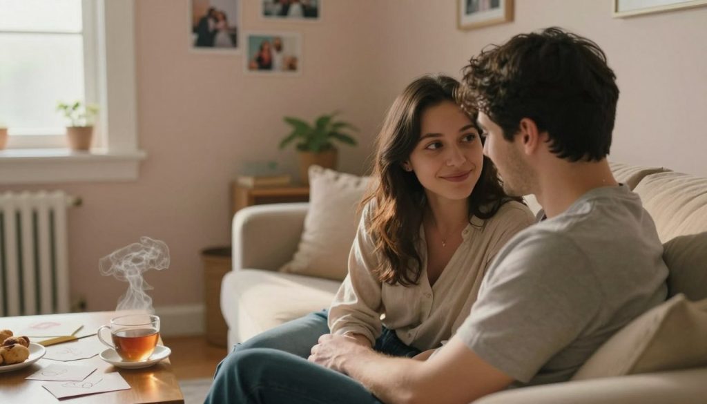 A warm, inviting scene set in a cozy, sunlit room, depicting an intimate moment between two individuals fostering emotional intimacy. In the foreground, a couple is seated on a plush sofa, leaning toward each other, with gentle smiles and expressive eyes conveying trust and connection. In the middle ground, a coffee table adorned with heartfelt notes and a steaming cup of tea adds to the personal ambiance. The background features soft pastel-colored walls adorned with photos of shared memories, enhancing the sense of togetherness. The scene is illuminated by soft, natural light filtering through a nearby window, casting a warm glow and creating a serene, loving atmosphere. The composition is shot with a slightly shallow depth of field, focusing on the couple's expressions while softly blurring the surroundings to emphasize the emotional bond.