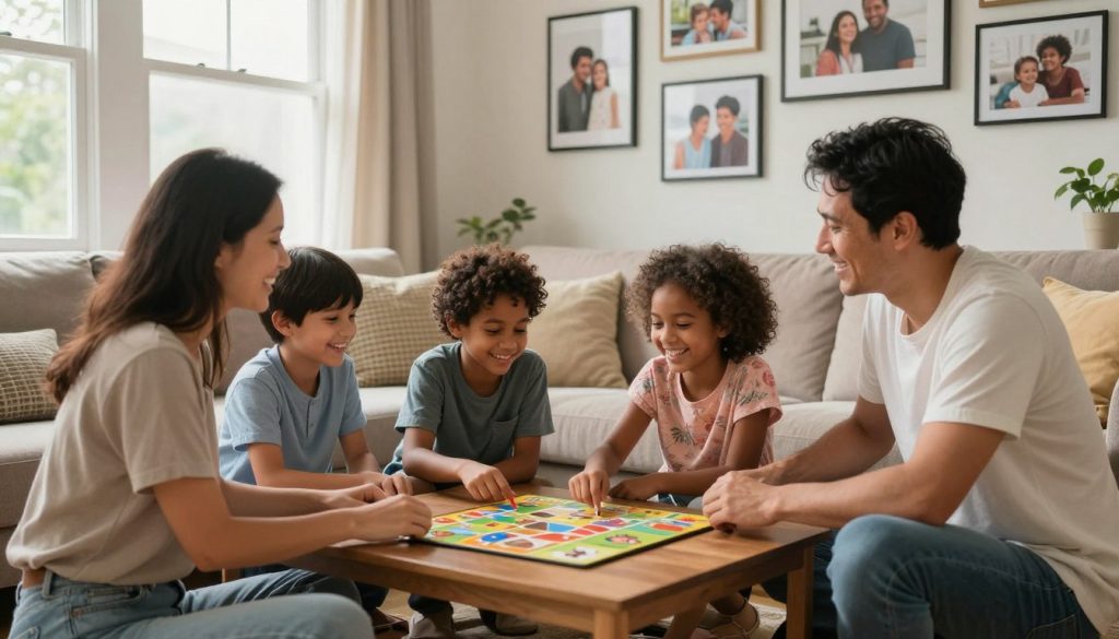 A warm, nurturing family environment, featuring a diverse family of four sitting together in a cozy living room. In the foreground, a mother and father, dressed in modest casual clothing, are engaged in a heartwarming conversation with their two children, a boy and a girl, who are laughing and sharing a moment over a board game. The middle ground highlights a comfortable sofa and plush cushions, adorned with family photos on the walls, showcasing joyful memories. In the background, large windows bathe the room in soft, natural light, enhancing a sense of warmth and comfort. The atmosphere feels loving and supportive, conveying a strong sense of emotional connection and togetherness. The image captures the essence of a nurturing space that fosters family bonds. A warm, nurturing family environment, featuring a diverse family of four sitting together in a cozy living room. In the foreground, a mother and father, dressed in modest casual clothing, are engaged in a heartwarming conversation with their two children, a boy and a girl, who are laughing and sharing a moment over a board game. The middle ground highlights a comfortable sofa and plush cushions, adorned with family photos on the walls, showcasing joyful memories. In the background, large windows bathe the room in soft, natural light, enhancing a sense of warmth and comfort. The atmosphere feels loving and supportive, conveying a strong sense of emotional connection and togetherness. The image captures the essence of a nurturing space that fosters family bonds.